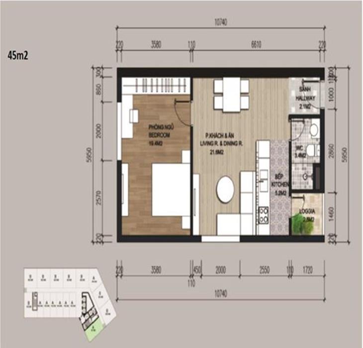 Mặt bằng tiêu biểu căn hộ 45m2 Officetel The Lotus Center Ciputra