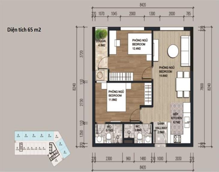 Mặt bằng tiêu biểu căn hộ 65m2 Officetel The Lotus Center Ciputra