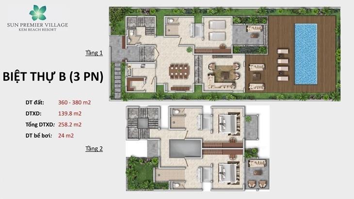 Mặt bằng thiết kế Biệt thự loại B Sun Premier Village Kem Beach Resort