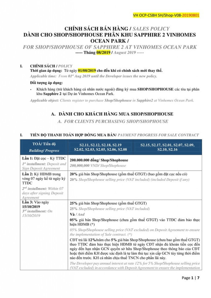 Chính sách bán hàng Shophouse phân khu Sapphire II