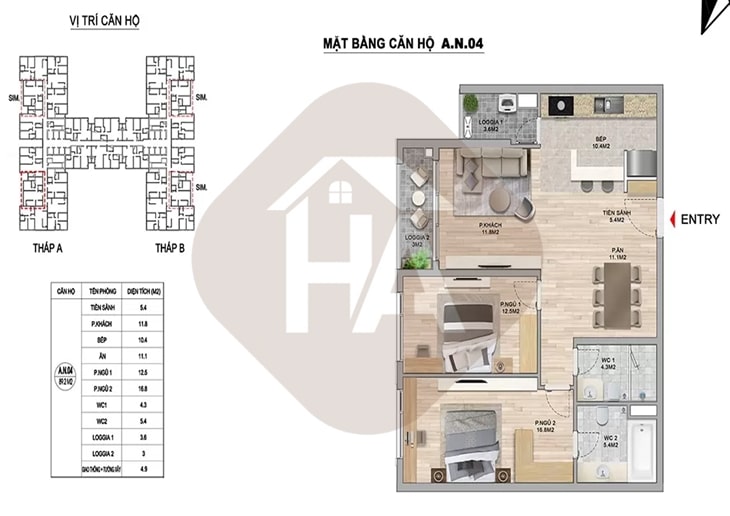 Mặt bằng thiết kế căn hộ 2 phòng ngủ