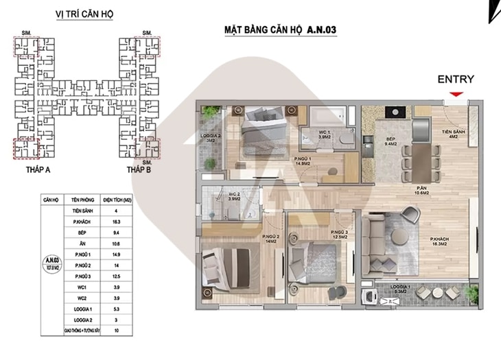 Mặt bằng thiết kế căn hộ 3 phòng ngủ