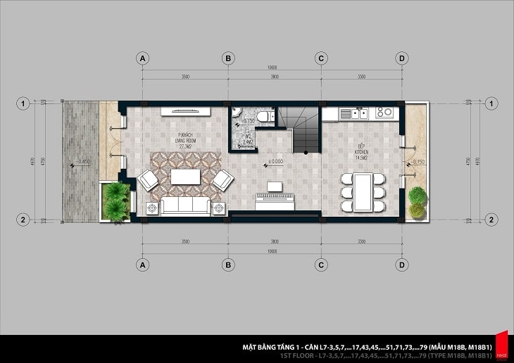 Mặt bằng thiết kế chi tiết căn hộ Shophouse tầng 1